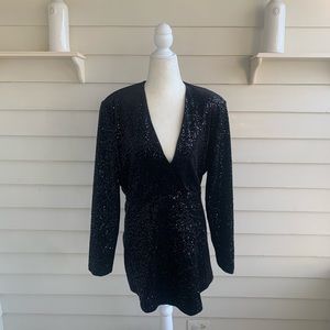 Zara Black Sequin Dress With Deep V-Neck Size Large NWT